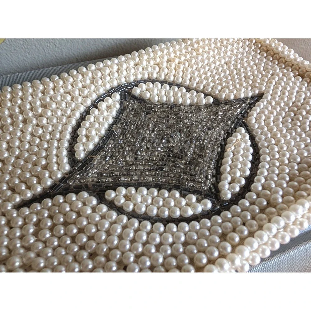 Vintage 50s/60s Handmade Beaded Pearl Clutch Purse Japan Geometric Evening Bag